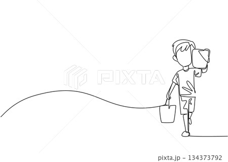 Single line drawing of a boy carrying two buckets, symbolizing hardship, resilience, and the call for child protection in a global human rights business concept for World Day Against Child Labor. Single line drawing of a boy carrying two buckets, symbolizing hardship, resilience, and the call for child protection in a global human rights business concept for World Day Against Child Labor. 134373792
