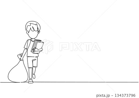 One line drawing of a boy carrying books and a heavy bag, symbolizing struggle, hope, and the right to education in a global human rights business concept for World Day Against Child Labor campaign. One line drawing of a boy carrying books and a heavy bag, symbolizing struggle, hope, and the right to education in a global human rights business concept for World Day Against Child Labor campaign. 134373796
