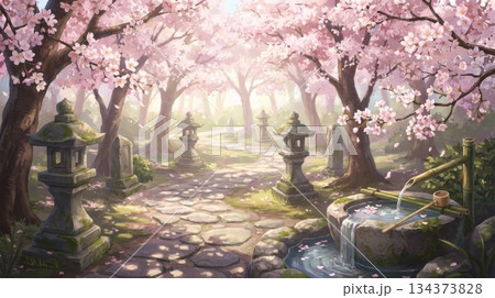 Cherry Blossom Garden with Japanese Stone Lantern and Fountain 134373828