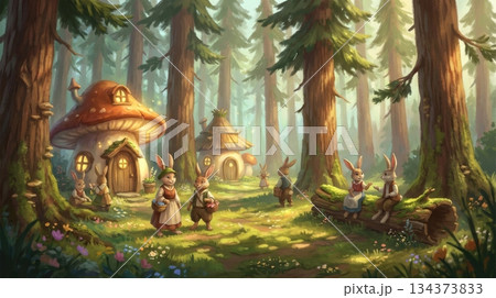 Tall Pine Forest with Sunlight, Tiny Mushroom Houses, and Rabbit Villagers Tall Pine Forest with Sunlight, Tiny Mushroom Houses, and Rabbit Villagers 134373833