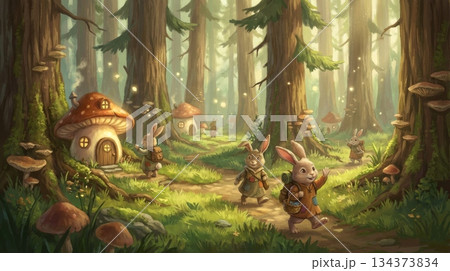 Tall Pine Forest with Sunlight, Tiny Mushroom Houses, and Rabbit Villagers Tall Pine Forest with Sunlight, Tiny Mushroom Houses, and Rabbit Villagers 134373834