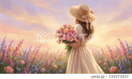 Pink-Purple Flower Field with Woman in Dress and Straw Hat Holding Roses 134373837