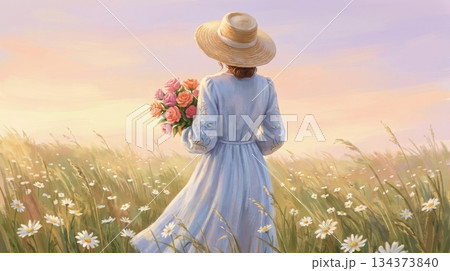 Pink-Purple Flower Field with Woman in Dress and Straw Hat Holding Roses 134373840