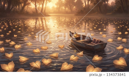 Lakeside with Floating Heart-Shaped Papers and Small Boat Lakeside with Floating Heart-Shaped Papers and Small Boat 134373841