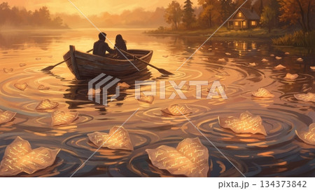 Lakeside with Floating Heart-Shaped Papers and Small Boat Lakeside with Floating Heart-Shaped Papers and Small Boat 134373842