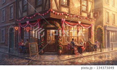 Street Corner Cafe Decorated for Valentine Day Street Corner Cafe Decorated for Valentine Day 134373849