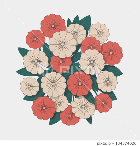 Vibrant bouquet of red and white flowers with green leaves Vibrant bouquet of red and white flowers with green leaves 134374020
