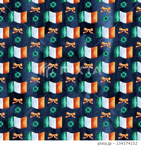 Seamless background with St. Patrick's Day symbols. Watercolor hand drawn illustration with irish flag 134374152