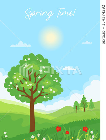 Spring time. Sunny landscape with flowering tree, Grass and blooming Wildflowers Red Poppy and White Chamomile. Seasonal Nature vertical poster background. Vector illustration. Not AI Spring time. Sunny landscape with flowering tree, Grass and blooming Wildflowers Red Poppy and White Chamomile. Seasonal Nature vertical poster background. Vector illustration. Not AI 134374292