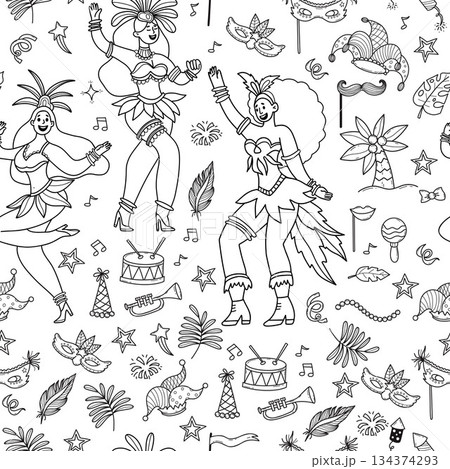Carnival Women Dancers Seamless Pattern. Happy Female Character in Masquerade Costumes with Feathers, festive elements on White Background. Outline Hand-Drawn Doodle. Vector Illustration. Not AI 134374293
