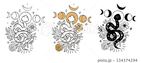 Mystical Snake with Moon Phase and Flowers Plants Set. Isolated Outline Black Textured Hand Drawings Doodle. Kundalini for design, symbolizing magic and transformation. Vector Illustration. Not AI Mystical Snake with Moon Phase and Flowers Plants Set. Isolated Outline Black Textured Hand Drawings Doodle. Kundalini for design, symbolizing magic and transformation. Vector Illustration. Not AI 134374294