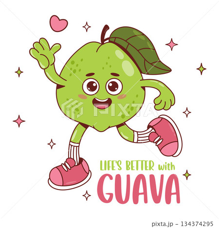 Cute Pink Guava Fruit Groovy Character with Cool Slogan. Funny tropical retro personage with arms and legs. Vector illustration. Kids Collection 134374295