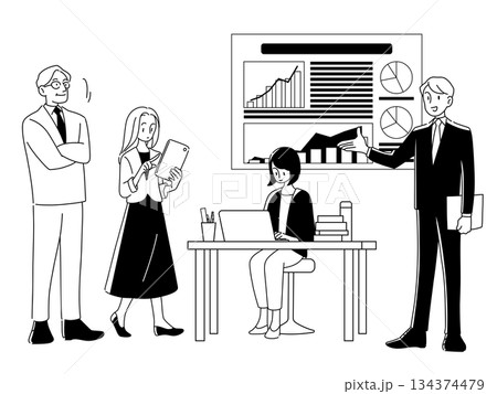 グラフで説明するビジネスチームの白黒イラスト｜4人・20代30代・会議・プレゼン資料 134374479