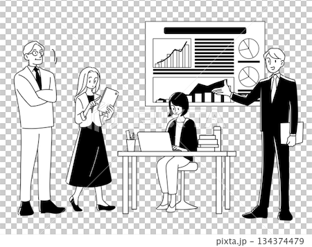グラフで説明するビジネスチームの白黒イラスト｜4人・20代30代・会議・プレゼン資料 134374479
