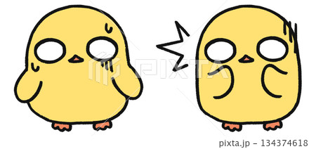 手描き、可愛いヒヨコのキャラクター、ショックの表情2種類セット 134374618