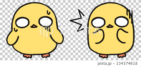 手描き、可愛いヒヨコのキャラクター、ショックの表情2種類セット 134374618