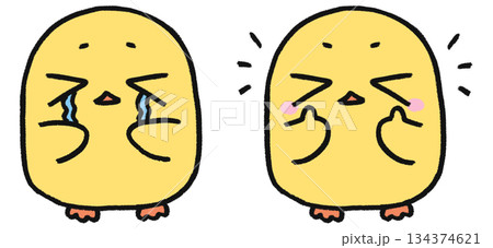 手描き、可愛いヒヨコのキャラクター、泣き顔・嬉しい顔の表情2種類セット	 134374621