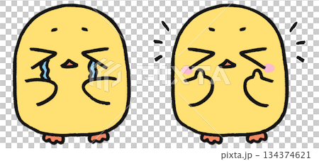 手繪可愛小雞角色，包含兩種表情：哭泣和快樂 134374621