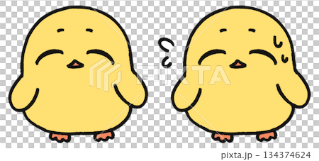 Hand-drawn, cute chick character, set of two facial expressions: smiling and troubled 134374624