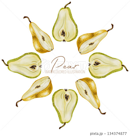 Watercolor circular wreath featuring pears. Fruit wreath. Perfect as an organic frame or logo for food packaging, textile prints, eco-friendly stationery, and kitchen decor 134374877