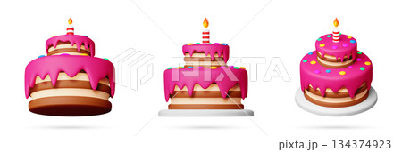 Three 3d cartoon birthday cake with pink cream 134374923