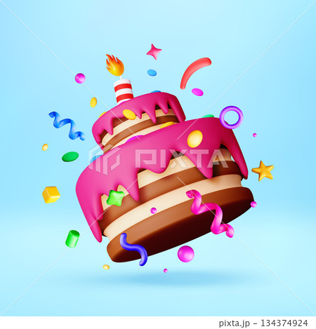 3D Two tier birthday cake with confetti 3D Two tier birthday cake with confetti 134374924