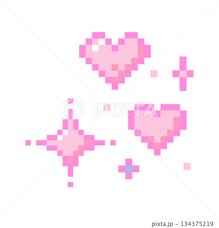 Cute pixel heart with stars y2k retro 8 bit style. Shiny game pixel art effect sparkles. 90s aesthetics. Glowing star and twinkle symbol  134375219