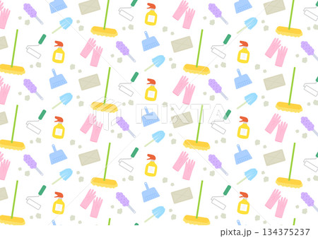 掃除道具のシームレスパターン素材（白バック） 134375237