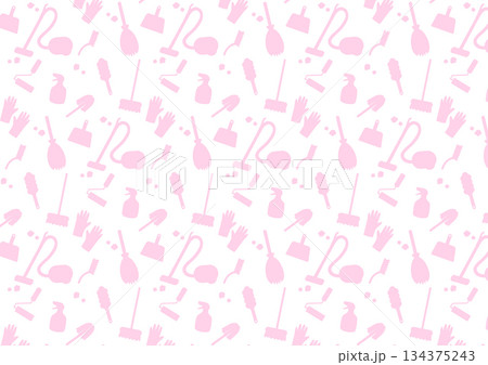 お掃除道具のシルエット柄シームレスパターン素材（パステルピンク） 134375243