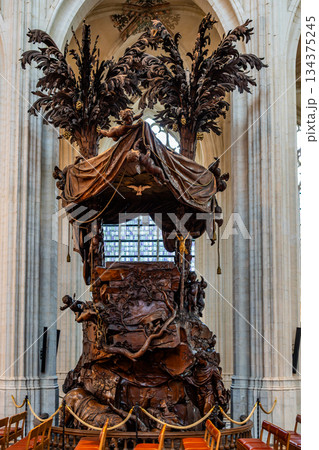 Baroque oak pulpit by Jacques Berge inside Saint Peters Church in Leuven 134375245