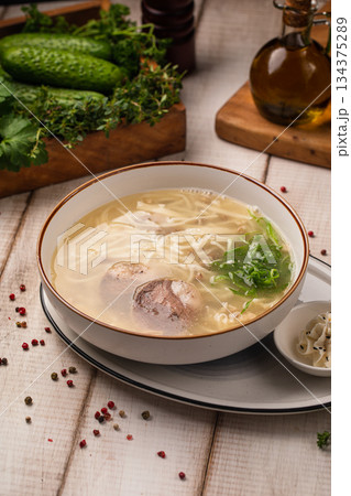 Bowl of Kazakh kespe soup with kazy Bowl of Kazakh kespe soup with kazy 134375289