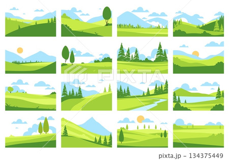 Abstract green fields. Simple summer time landscapes, hills, rivers and trees, agriculture background templates, nature scenery meadow and mountain qualitative vector flat isolated set Abstract green fields. Simple summer time landscapes, hills, rivers and trees, agriculture background templates, nature scenery meadow and mountain qualitative vector flat isolated set 134375449