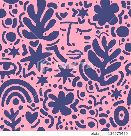 Abstract shapes seamless pattern. Contemporary hand drawn figures silhouette elements, random spots, woman face. Textile, wrapping paper, wallpaper. Print for fabric garish vector background 134375450