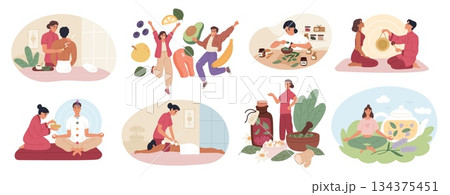 Alternative medicine. People practice non standard methods of treatment, homeopathy, raw food diet, green pharmacy, yoga, healthcare and wellness, cartoon flat isolated garish vector set Alternative medicine. People practice non standard methods of treatment, homeopathy, raw food diet, green pharmacy, yoga, healthcare and wellness, cartoon flat isolated garish vector set 134375451