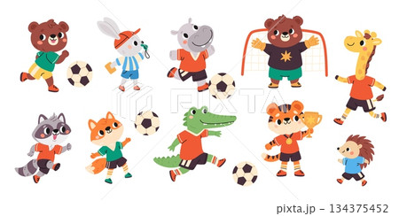 Animals soccer players. Cartoon funny fauna characters wearing sports uniform kick ball, football game, cute athletes on championship, bear goalkeeper or crocodile forward garish vector set Animals soccer players. Cartoon funny fauna characters wearing sports uniform kick ball, football game, cute athletes on championship, bear goalkeeper or crocodile forward garish vector set 134375452