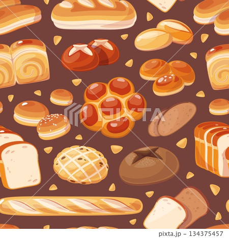 Bread seamless pattern. Repeated bakery products, rye, whole grain, wheat flour varieties, toasts, loaves, rolls. Kitchen textile, wrapping paper, wallpaper. Print classy vector background 134375457