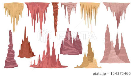 Cartoon limestones. Cave stalactite and stalagmites formations, underground mineral deposits, volcanic cavern rocks, stone mountain inside, geology elements, qualitative vector isolated set 134375460