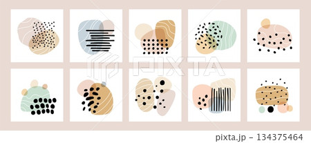 Contemporary abstract shapes. Hand drawn creative collages, irregular smooth organic forms, drops, curves and spots minimal compositions, decorative square posters design garish vector set 134375464