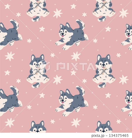 Cute dog seamless pattern. Repeated playful fluffy puppies, little huskies, northern pet breed, long hair animals, kids textile, wrapping paper, wallpaper. Print or garish vector background Cute dog seamless pattern. Repeated playful fluffy puppies, little huskies, northern pet breed, long hair animals, kids textile, wrapping paper, wallpaper. Print or garish vector background 134375465