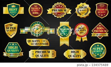 Golden labels. Premium quality stickers, different shapes, elements luxury design, vintage guarantee badges, ribbons, gold glossy tags, certificate stamp, qualitative vector isolated set Golden labels. Premium quality stickers, different shapes, elements luxury design, vintage guarantee badges, ribbons, gold glossy tags, certificate stamp, qualitative vector isolated set 134375489