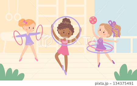 Little gymnasts girls train. Kids rhythmic gymnasts workout, cute young athletes with hoops and ball, childish sport, competition performance cartoon flat isolated garish vector concept 134375491