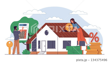 Mortgage credit service. Calculating amount of interest on home loan, real estate purchase, large people, tiny house, payment schedule cartoon flat style isolated nowaday vector concept 134375496