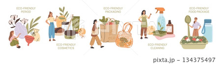 Natural product choice people. Eco friendly lifestyle, reusable and recyclable, conscious consumption, environment care, bio food package and cosmetics, garish vector cartoon isolated set 134375497