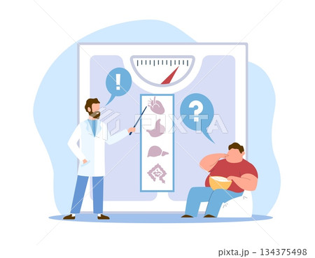 Nutritionist consultation and diagnostics. Fat overweight man at doctor appointment, medical diet planning, weight control, obesity prevention, cartoon flat style vector health care concept 134375498