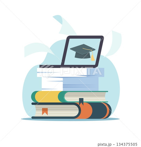 Online homeschooling. Open laptop on books stack, self education and development, distance learning on digital courses, knowledge access technology, e-learning vector cartoon flat concept 134375505