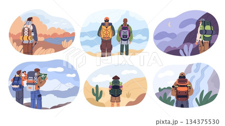 Travelers enjoying view. Hikers with satchels on their backs admire scenery, natural landscapes, people adventure in mountains, desert and seaside, cartoon isolated scenes garish vector set Travelers enjoying view. Hikers with satchels on their backs admire scenery, natural landscapes, people adventure in mountains, desert and seaside, cartoon isolated scenes garish vector set 134375530