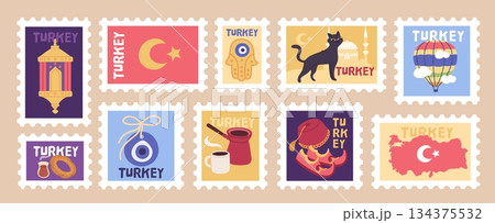 Turkey country postage stamps. Traveling landmarks, national objects and traditional elements, food, drinks, mascots, istanbul symbols stickers garish vector cartoon flat style isolated set Turkey country postage stamps. Traveling landmarks, national objects and traditional elements, food, drinks, mascots, istanbul symbols stickers garish vector cartoon flat style isolated set 134375532