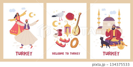 Turkey country travel. Traditional elements, people in national costumes, religious architecture monuments and food, welcome to istanbul, card or posters design, garish vector cartoon set 134375533