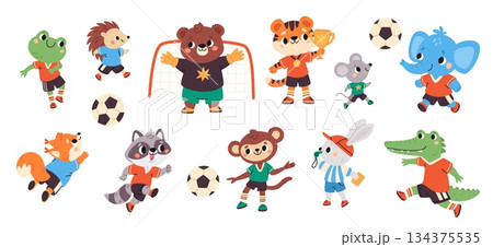 Animals play soccer. Football fauna players, cute wild athletes wearing sports uniform, bear is goalkeeper, raccoon, frog kick ball. Sport game competition garish vector cartoon flat set 134375535