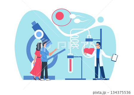 Artificial insemination. Tiny people with microscope and test tubes, gynecology doctor, In vitro fertilization, reproductive health diagnostic cartoon flat style isolated vector concept Artificial insemination. Tiny people with microscope and test tubes, gynecology doctor, In vitro fertilization, reproductive health diagnostic cartoon flat style isolated vector concept 134375536